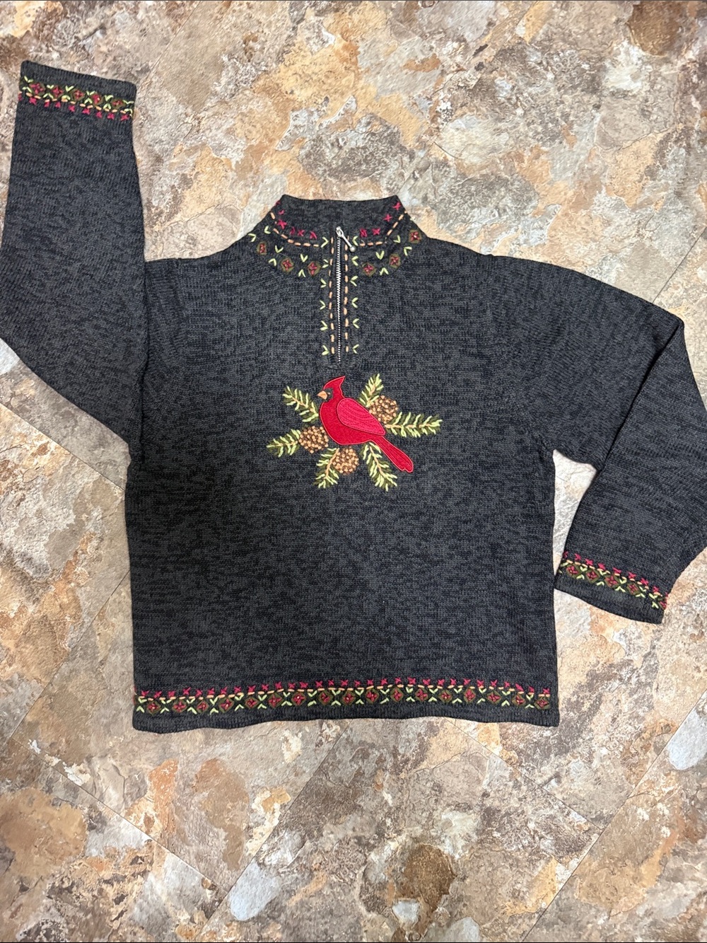 Orvis Dark Gray Zip-Up Sweater with Red Cardinal Embroidery